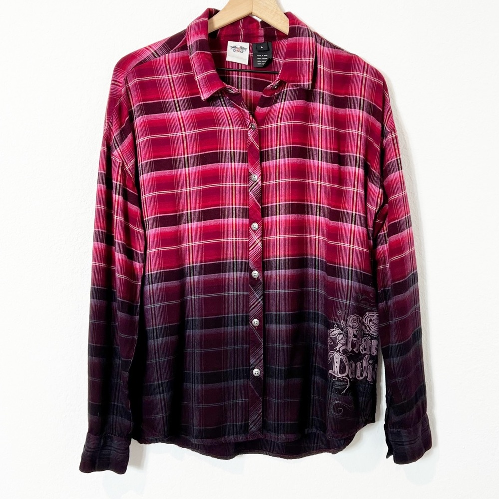 Harley-Davidson Women Ombré Plaid Dye Long Sleeve Tunic Shirt Size Large